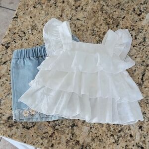 White Ruffled Top and Denim Shorts Set
